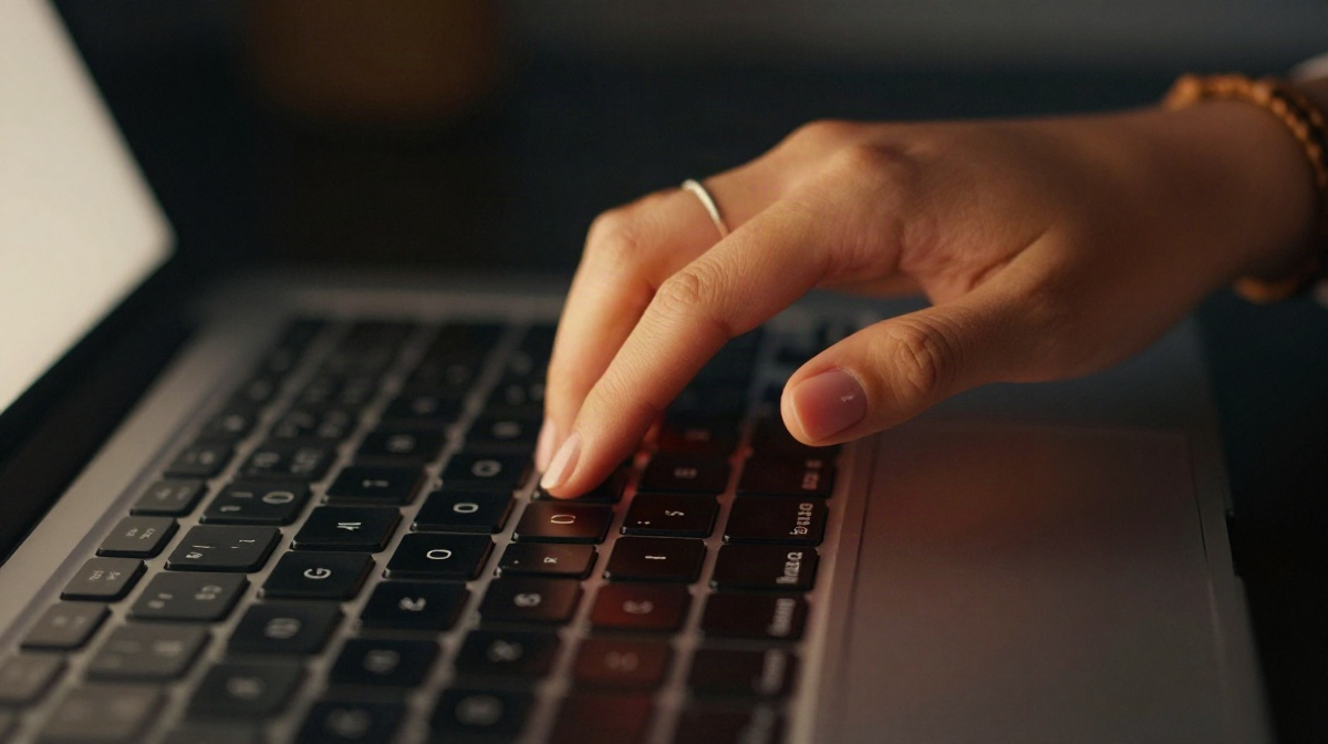 Рука над клавишей Backspace на клавиатуре ноутбука в тёмной комнате, тёплое янтарное свечение экрана
